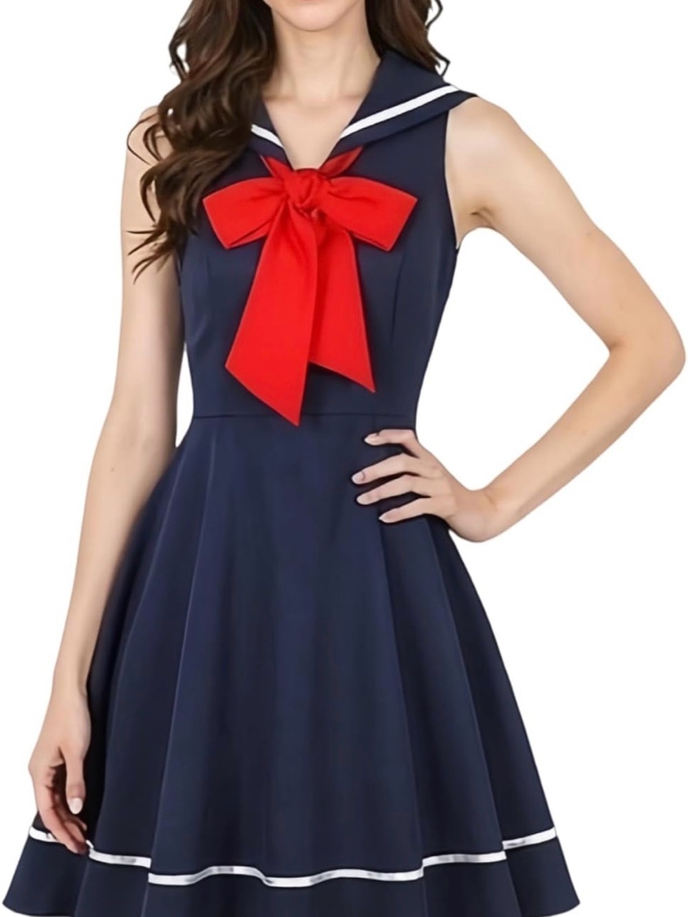 Navy Sailor Nautical 50s Fit & Flare Dress Red Bow, costume, cosplay, Small NWOT